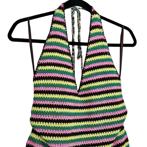 Frame x Julia Sarr Jamois Pink Green Striped Crochet‎ Halter Mini Dress Size M - Picture 5 of 11